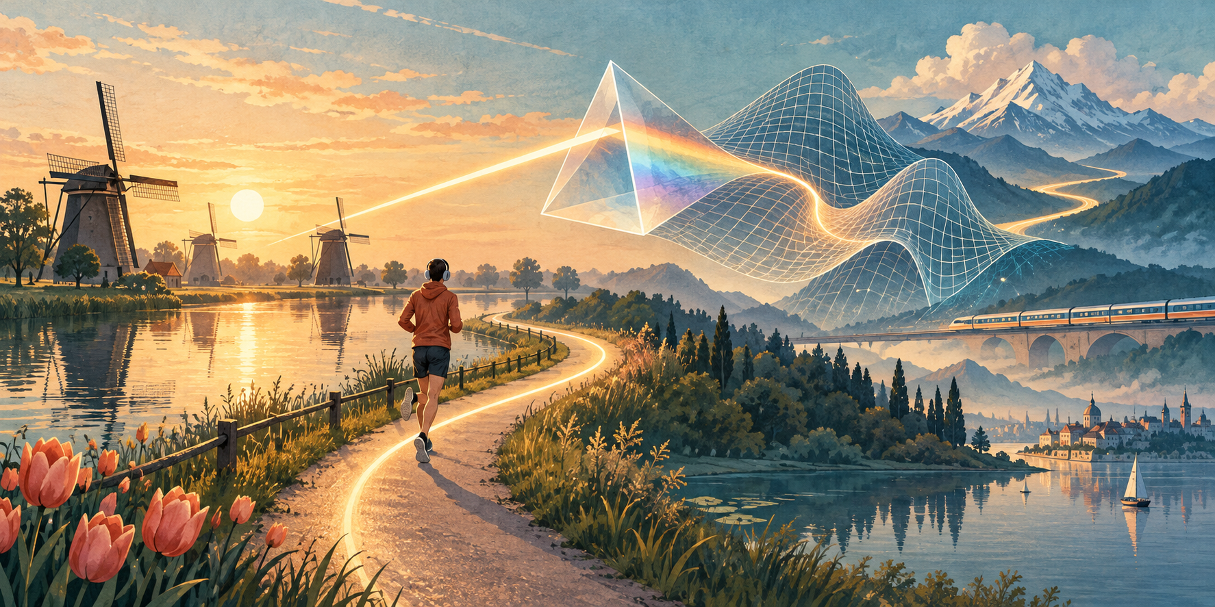 An illustrated canal path connecting a runner, geometric surfaces, light, a train, and distant mountains.